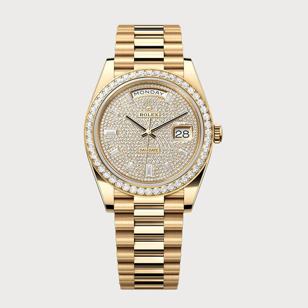 Rolex Day-Date 40 With Pave Dial & Diamond Set Bezel In Yellow Gold