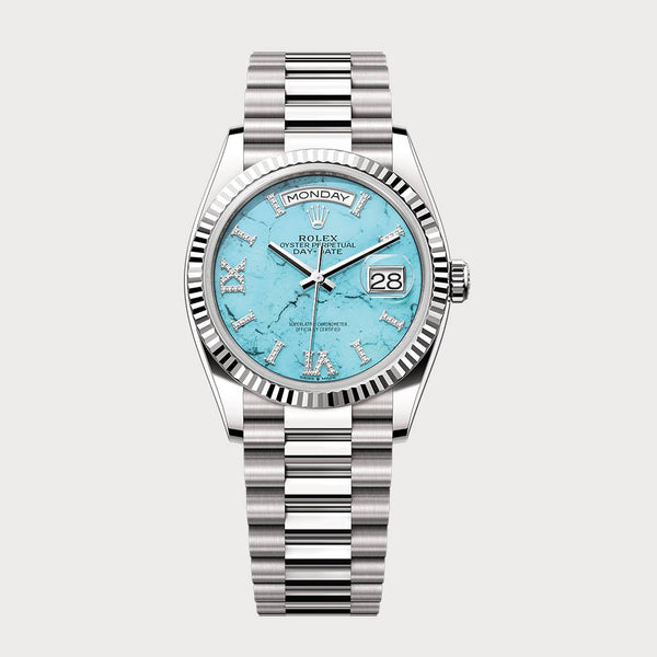 Rolex Day-Date Turquoise Dial Set With Diamonds In White Gold