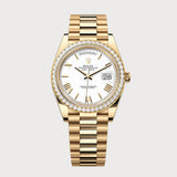 Day-Date 40 With White Roman Dial & Diamond Set Bezel In Yellow Gold