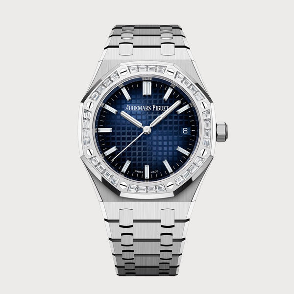 Audemars Piguet Royal Oak 34 In White Gold With Diamond Set Bezel & Blue Dial