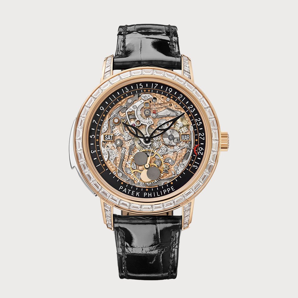 Patek Philippe Minute Repeater Perpetual Calendar Skeleton In Rose Gold With Baguette Diamond Set