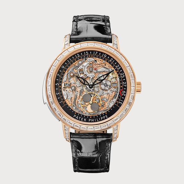 Patek Philippe Minute Repeater Perpetual Calendar Skeleton In Rose Gold With Baguette Diamond Set