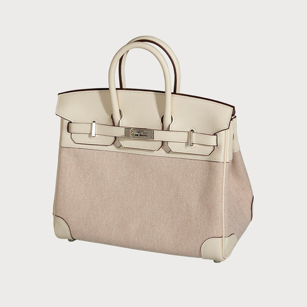 Hermès Hermes Birkin 25 Ecru-Beige & Nata With Palladium Hardware In Toile And Swift Leather