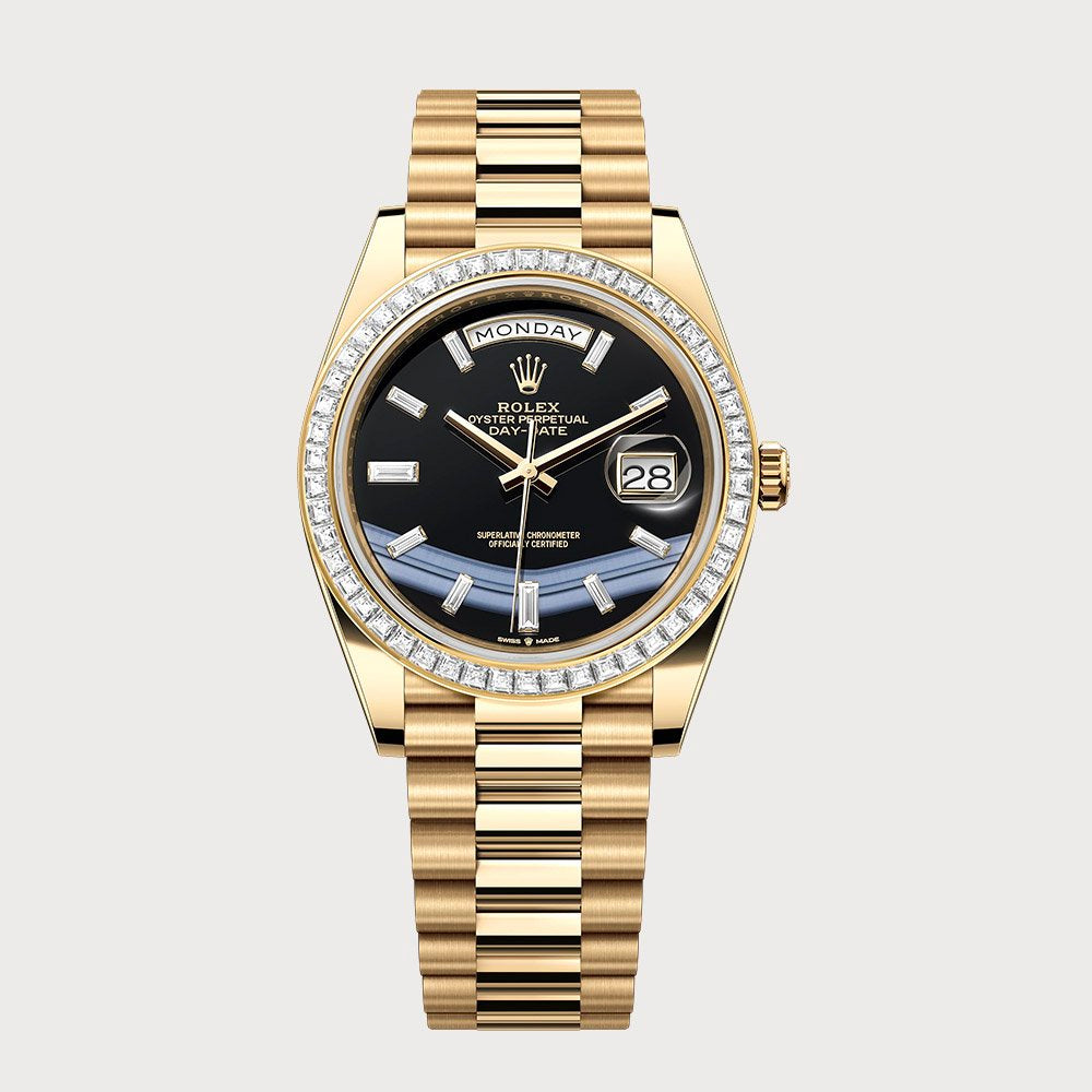 Rolex Day-Date 40 Onyx Baguette Dial With Baguette Diamond Bezel In Yellow Gold