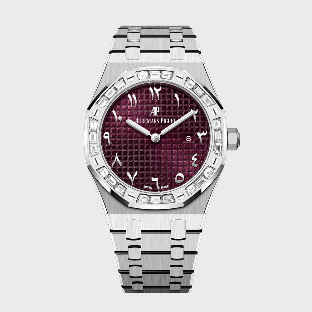 Audemars Piguet Royal Oak 33 Quartz In White Gold With Burgundy Red Arabic Dial & Diamond Set Bezel