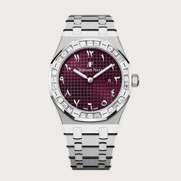 Audemars Piguet Royal Oak 33 Quartz In White Gold With Burgundy Red Arabic Dial & Diamond Set Bezel