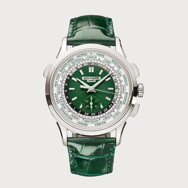 Patek Philippe World Time Flyback Chronograph With Green Dial In Platinum