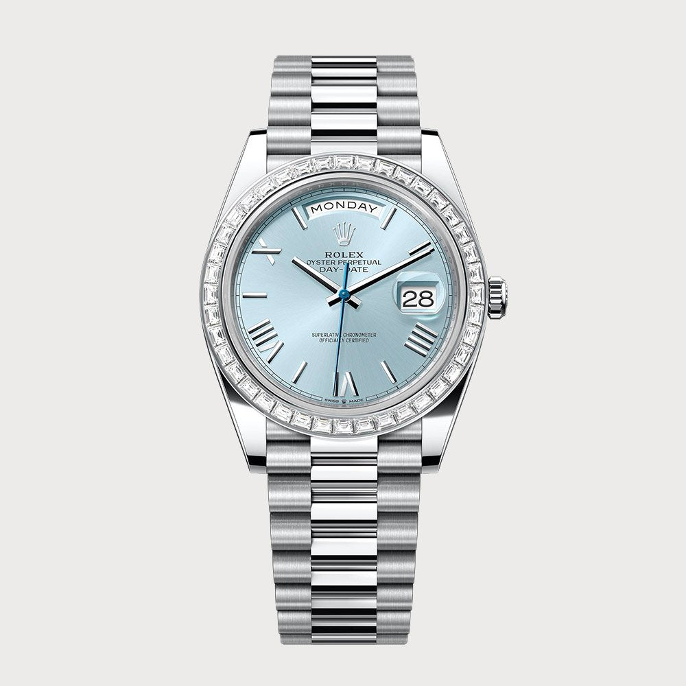 Rolex Day-Date 40 Ice Blue Roman Dial & Baguette Diamond Bezel In Platinum