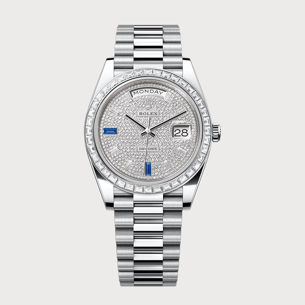 Rolex Day-Date 40 Pave Diamond & Blue Sapphire Dial With Baguette Diamond Bezel In Platinum