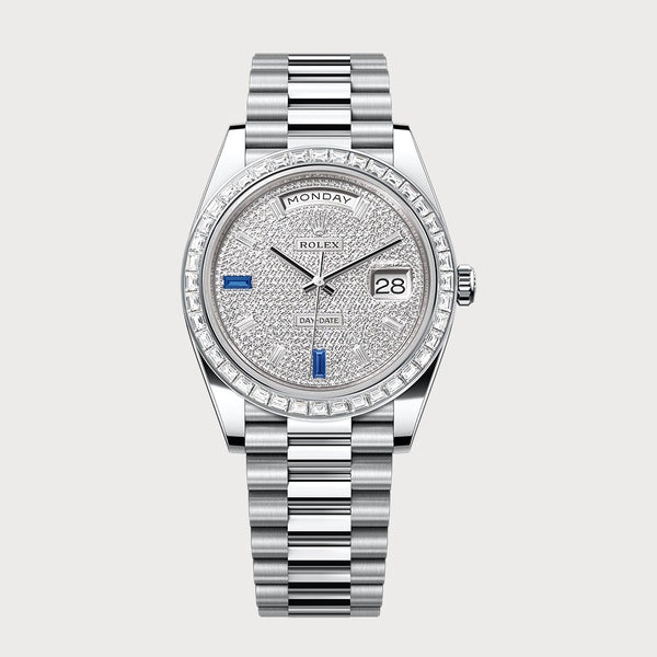 Rolex Day-Date 40 Pave Diamond & Blue Sapphire Dial With Baguette Diamond Bezel In Platinum