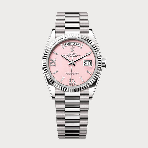 Rolex Day-Date 36 Pink Opal Dial Set With Diamonds In White Gold