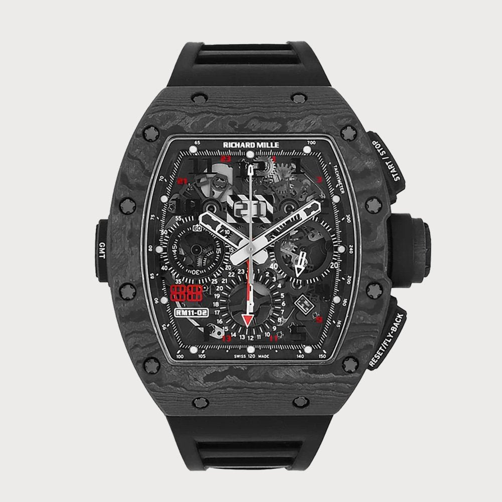 Richard Mille Rm11-02 Jet Black Flyback Chronograph Dual Time In Ntpt Carbon