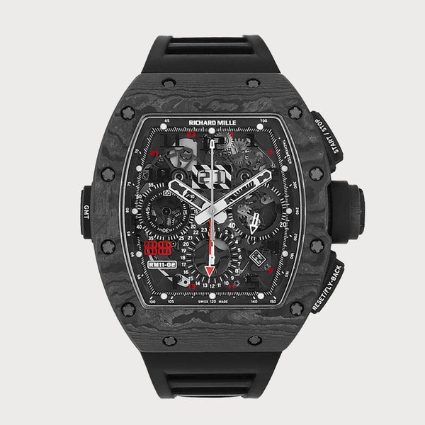Richard Mille Rm11-02 Jet Black Flyback Chronograph Dual Time In Ntpt Carbon