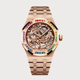 Royal Oak 37 Double Balance Wheel Openworked In Frosted Rose Gold With Rainbow Sapphire Bezel