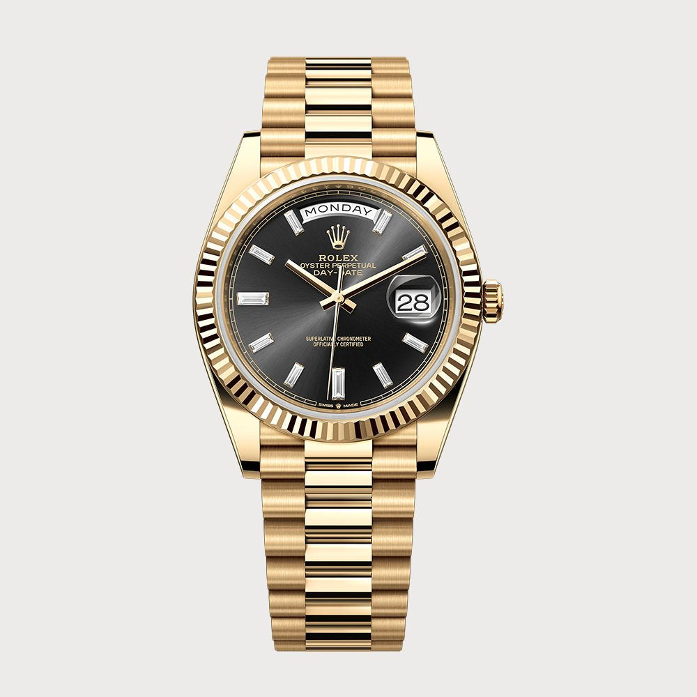 Rolex Day-Date 40 Black Baguette-Cut Diamond Dial In Yellow Gold