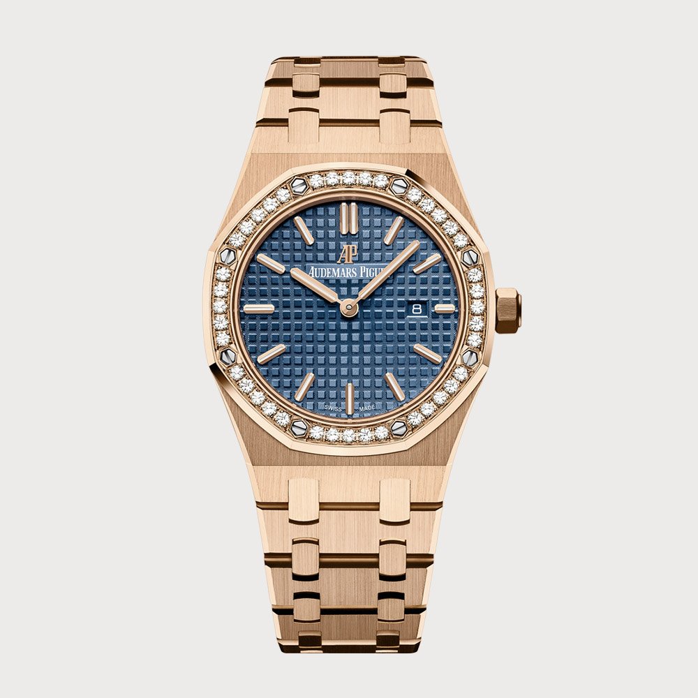 Audemars Piguet Royal Oak 33 Quartz In Rose Gold With Blue Dial & Diamond Set Bezel