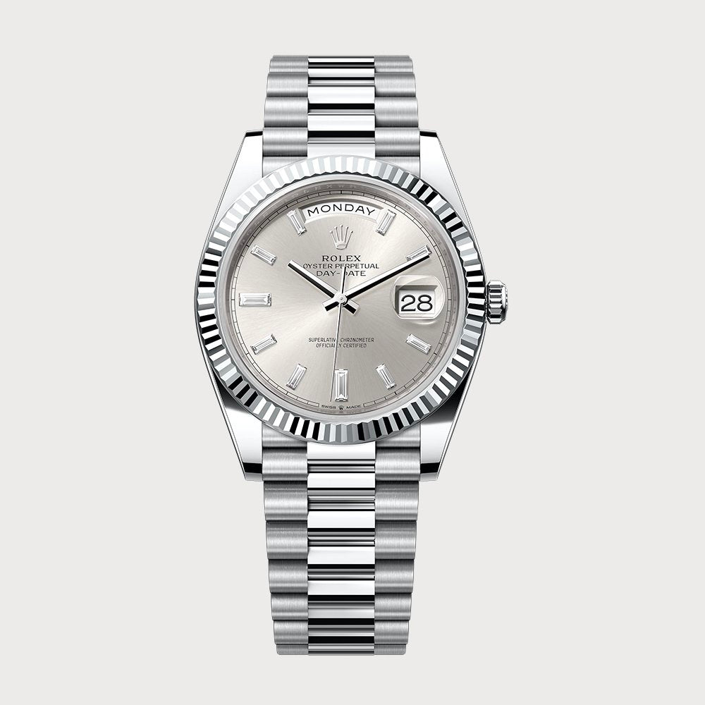 Rolex Day-Date 40 Silver Dial With Baguette-Cut Diamonds In Platinum