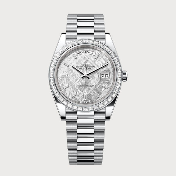Rolex Day-Date 40 Meteorite Baguette Dial With Baguette Diamond Bezel In Platinum