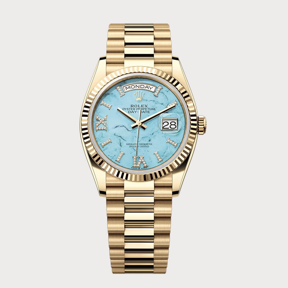 Rolex Day-Date 36 Turquoise Dial Set With Diamonds In Yellow Gold
