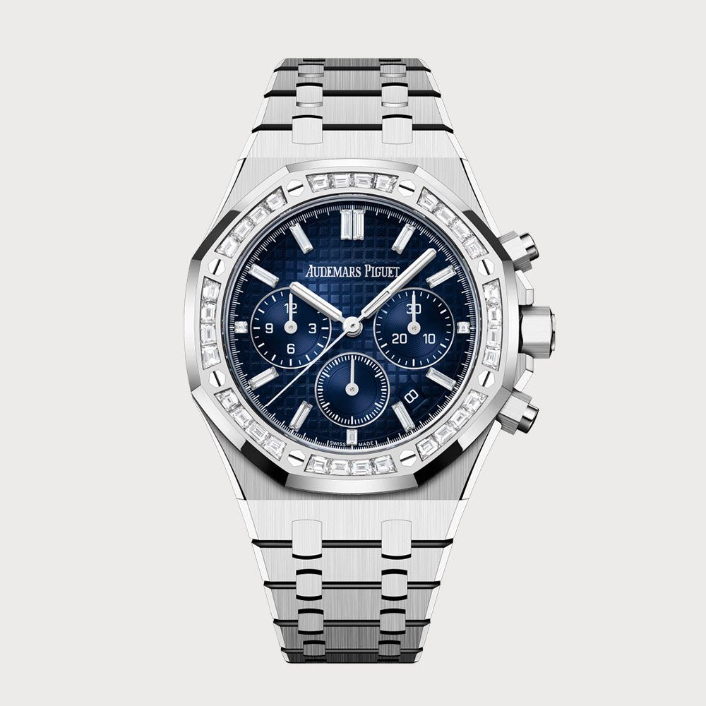 Audemars Piguet Royal Oak 38 Chronograph In White Gold With Blue Dial & Baguette Diamond Set Bezel