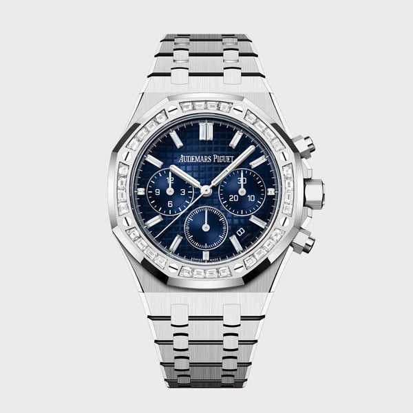 Audemars Piguet Royal Oak 38 Chronograph In White Gold With Blue Dial & Baguette Diamond Set Bezel