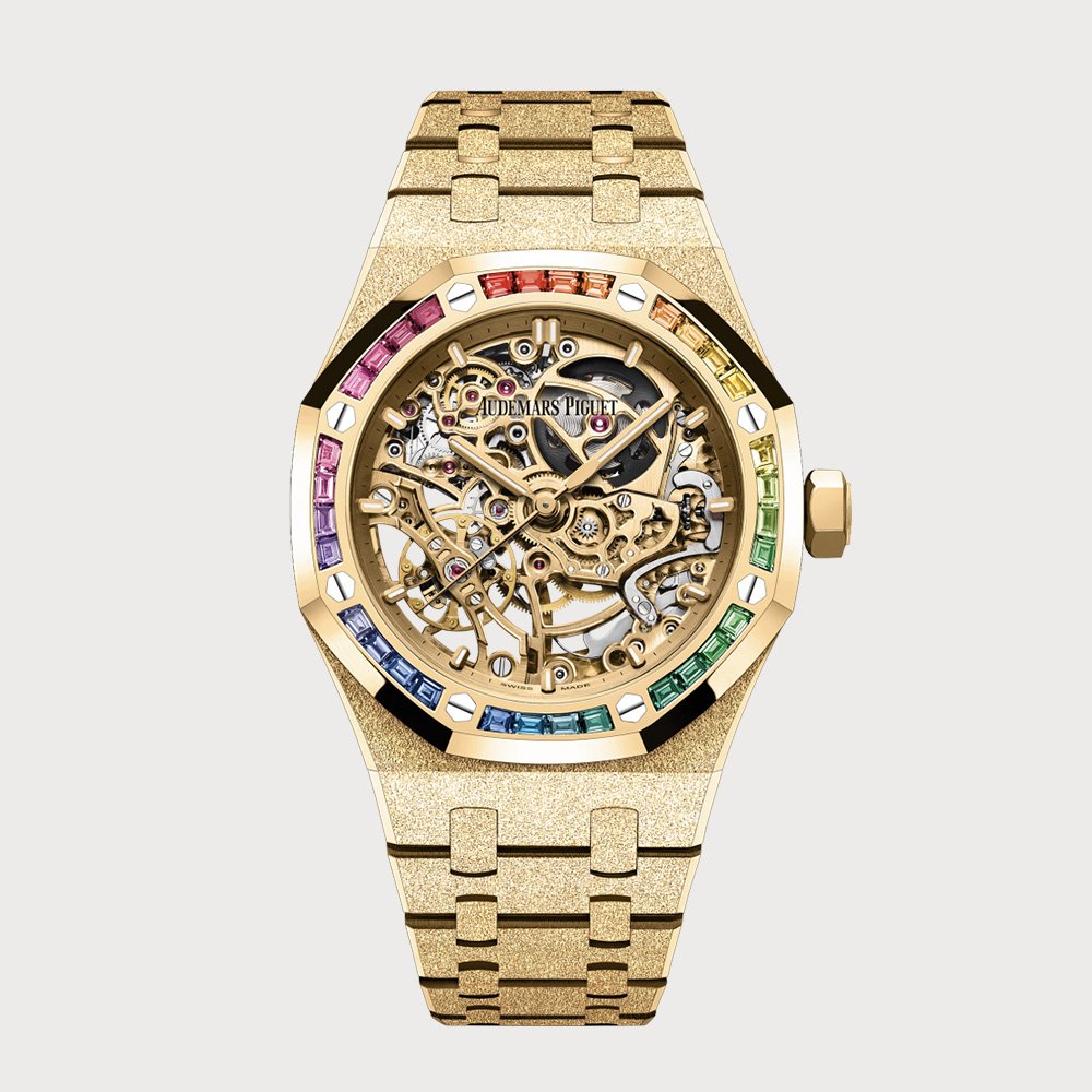 Audemars Piguet Royal Oak 37 Double Balance Wheel Openworked In Frosted Yellow Gold With Rainbow Sapphire Bezel