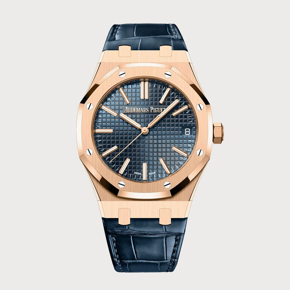 Audemars Piguet Royal Oak 41 With Blue Dial In Rose Gold On Leather Strap