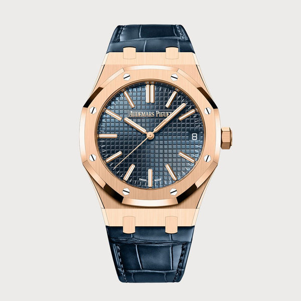 Audemars Piguet Royal Oak 41 With Blue Dial In Rose Gold On Leather Strap