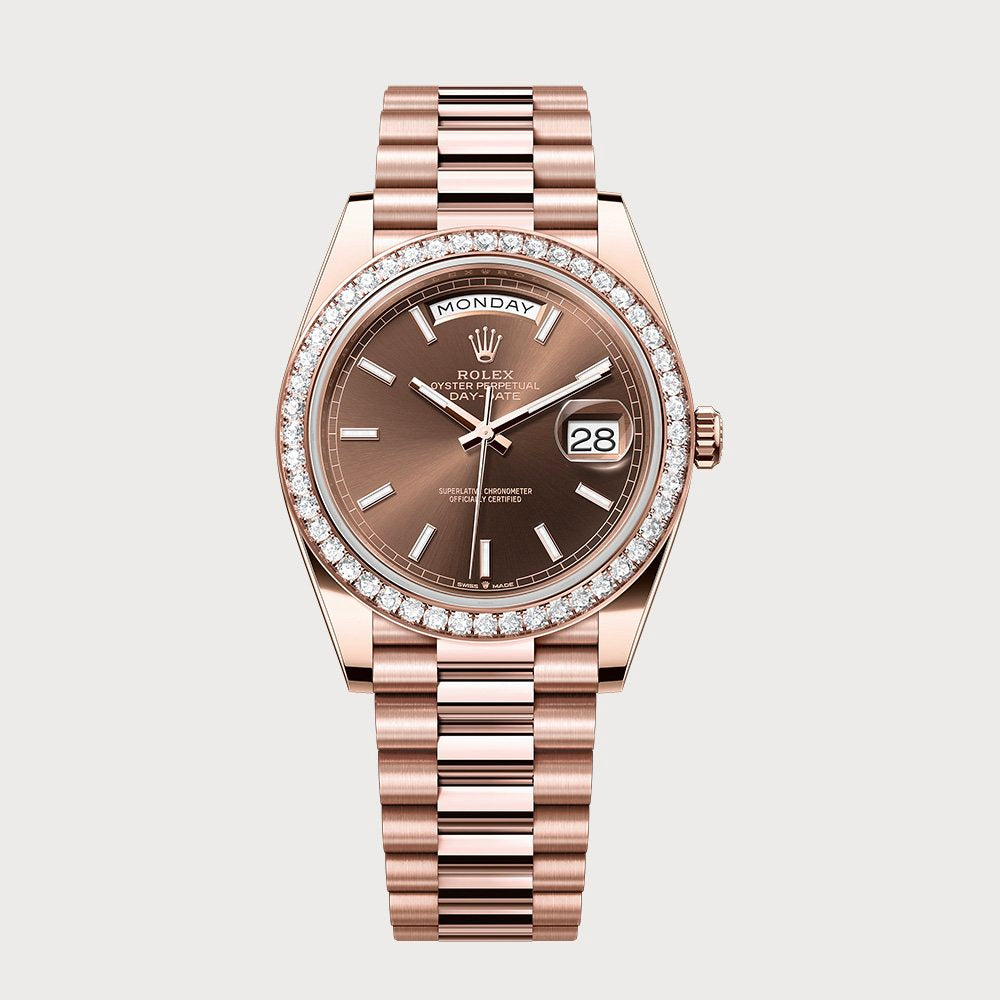 Rolex Day-Date 40 With Chocolate Dial & Diamond Set Bezel In Rose Gold