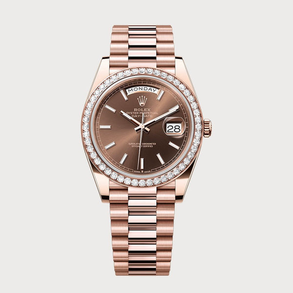 Rolex Day-Date 40 With Chocolate Dial & Diamond Set Bezel In Rose Gold