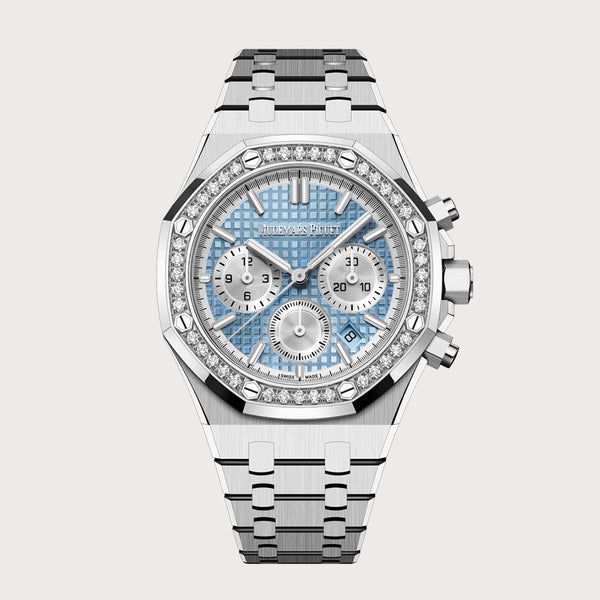 Audemars Piguet Royal Oak 38 Chronograph In Stainless Steel With Ice Blue Dial & Diamond Set Bezel
