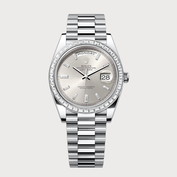 Rolex Day-Date 40 With Silver Baguette Dial & Baguette Diamond Bezel In Platinum