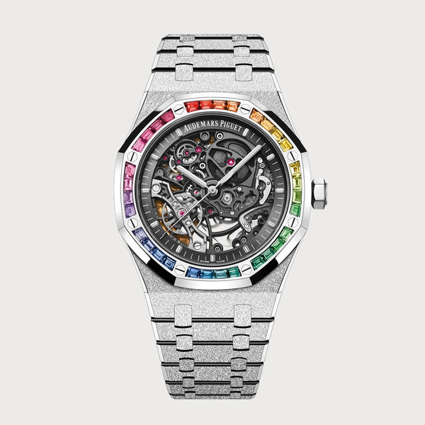 Audemars Piguet Royal Oak 41 Double Balance Wheel In Frosted White Gold Openworked With Rainbow Sapphire Bezel