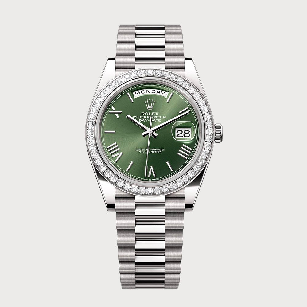 Rolex Day-Date 40 With Green Roman Dial & Diamond Bezel In White Gold