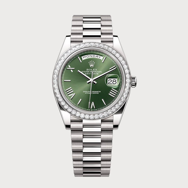 Rolex Day-Date 40 With Green Roman Dial & Diamond Bezel In White Gold