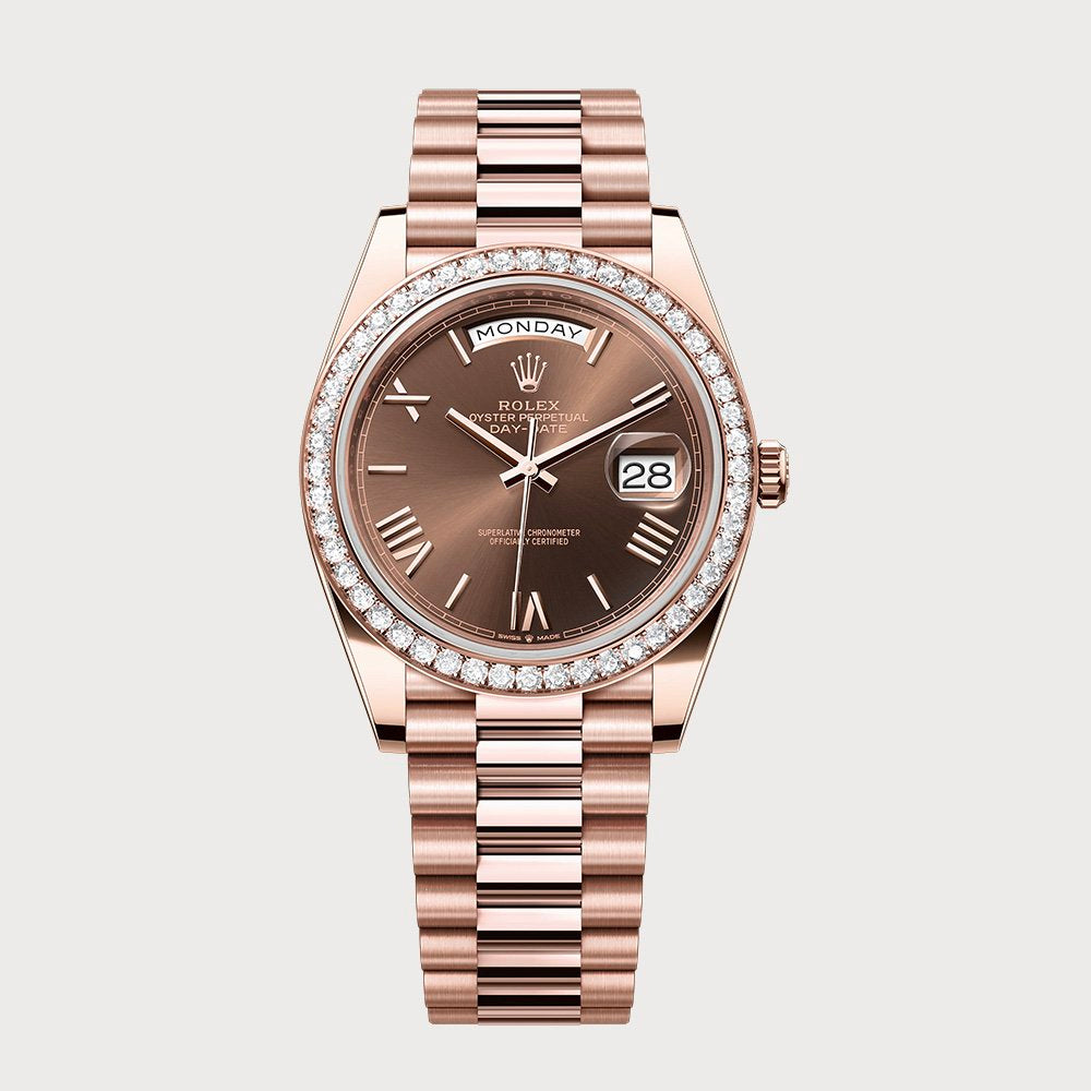 Rolex Day-Date 40 With Chocolate Roman Dial & Diamond Set Bezel In Rose Gold
