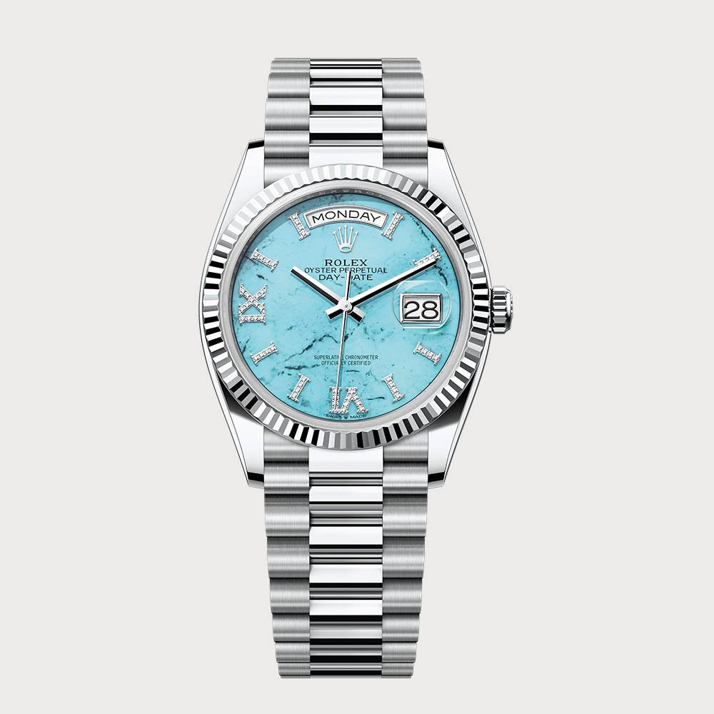 Rolex Day-Date 36 Turquoise Dial Set With Diamonds In Platinum