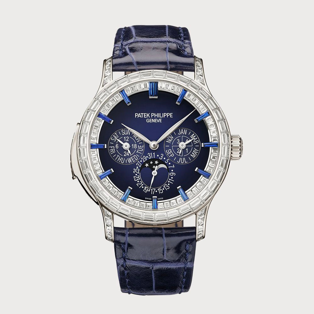 Patek Philippe Minute Repeater Perpetual Calendar Set With Diamonds & Blue Sapphires In Platinum