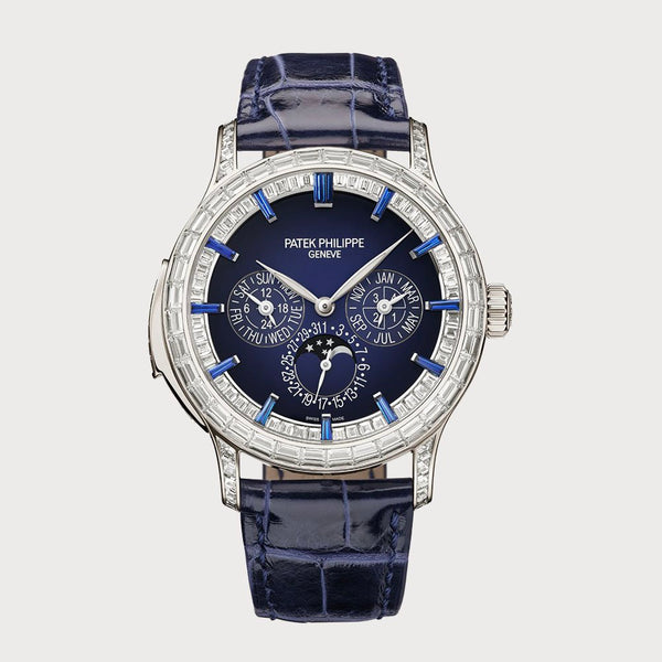 Patek Philippe Minute Repeater Perpetual Calendar Set With Diamonds & Blue Sapphires In Platinum
