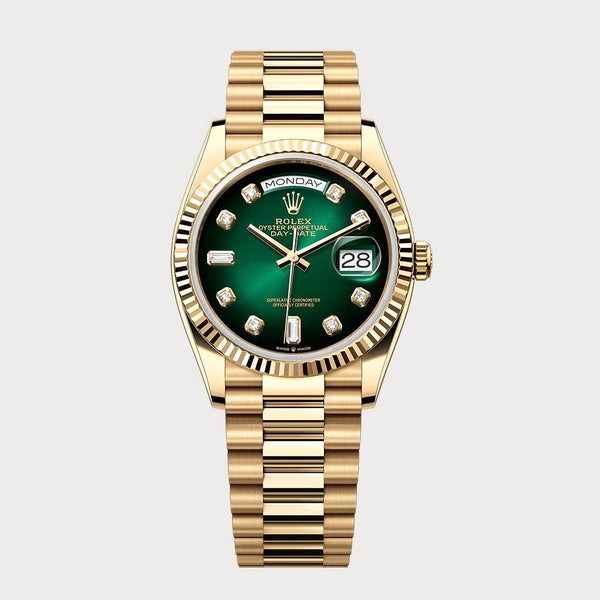 Rolex Day-Date 36 Green Ombré Dial Set With Diamonds In Yellow Gold