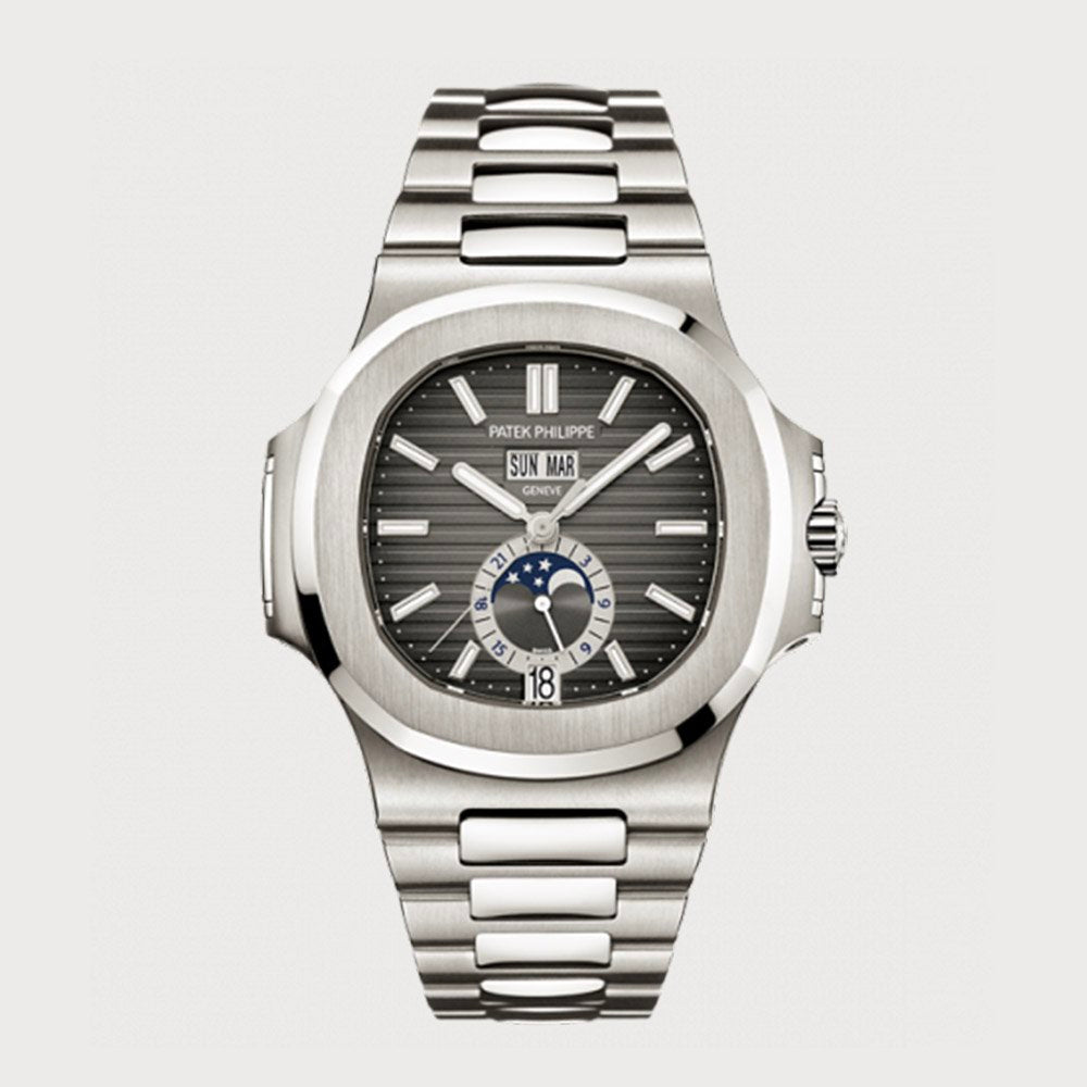 Patek Philippe Nautilus Annual Calendar Moon Phases With Grey Dial In Stainless Steel