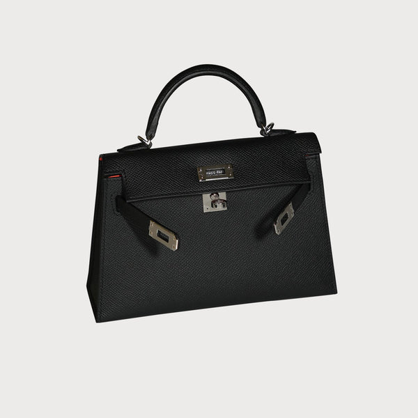 Mini Kelly 20 Black With Palladium Hardware And Orange Poppy Interior Lining