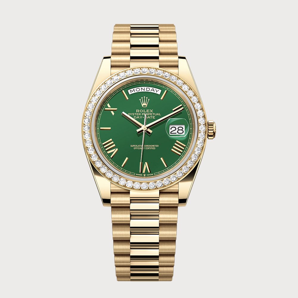 Rolex Day-Date 40 Green Roman Dial & Diamond Set Bezel In Yellow Gold
