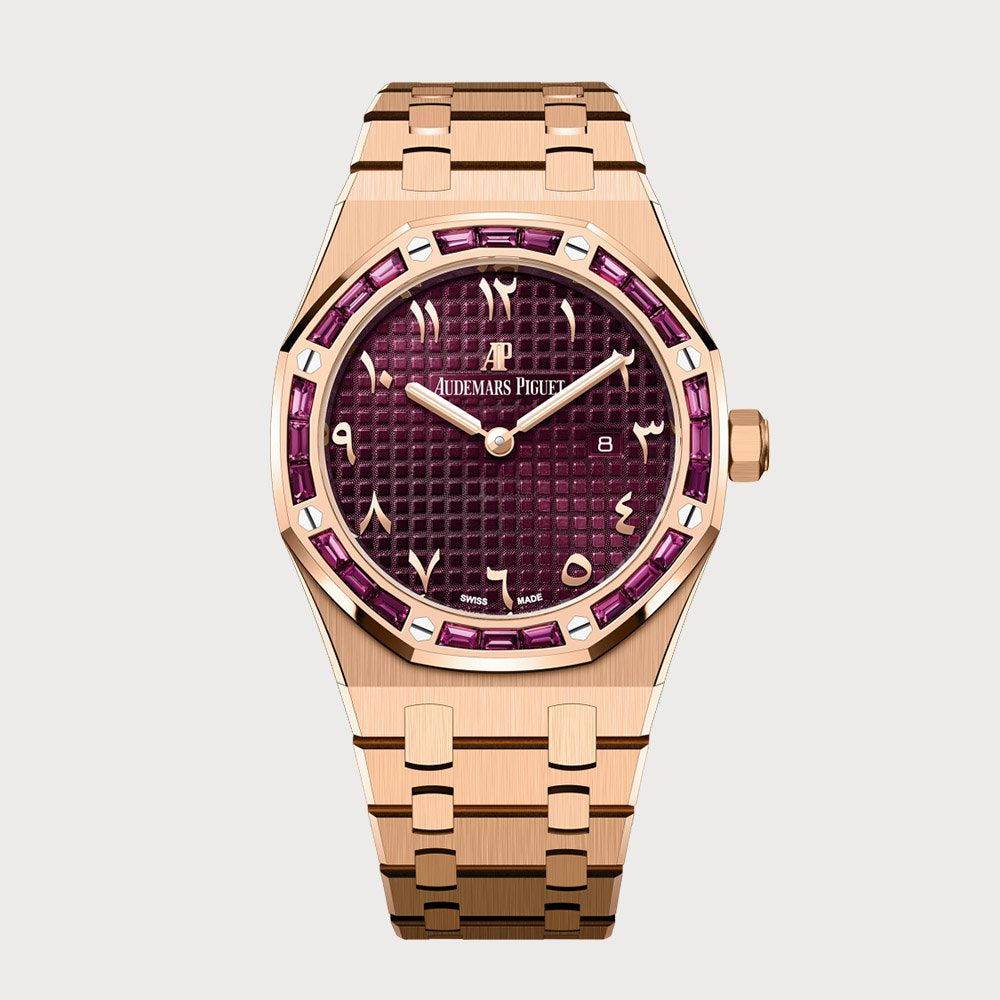 Audemars Piguet Royal Oak 33 Quartz In Rose Gold With Burgundy Red Arabic Dial & Red Ruby Set Bezel