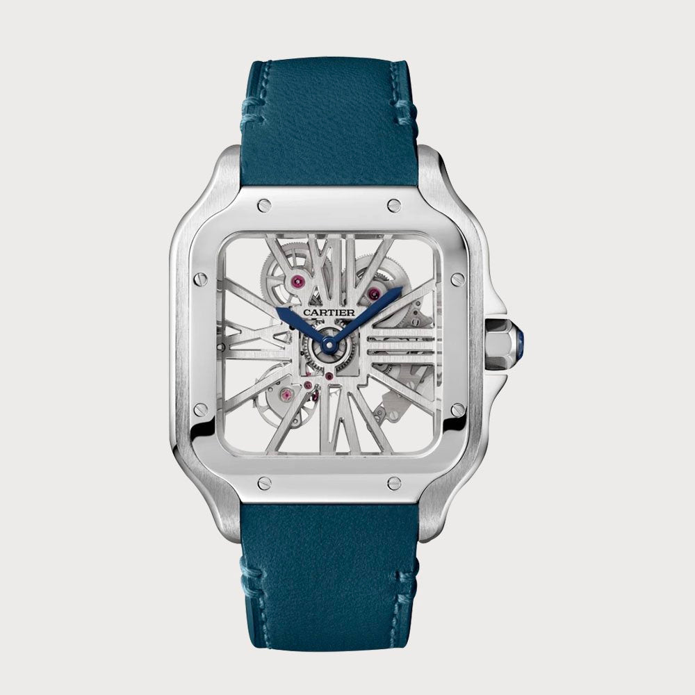Cartier Santos Skeleton In Stainless Steel On A Leather Strap
