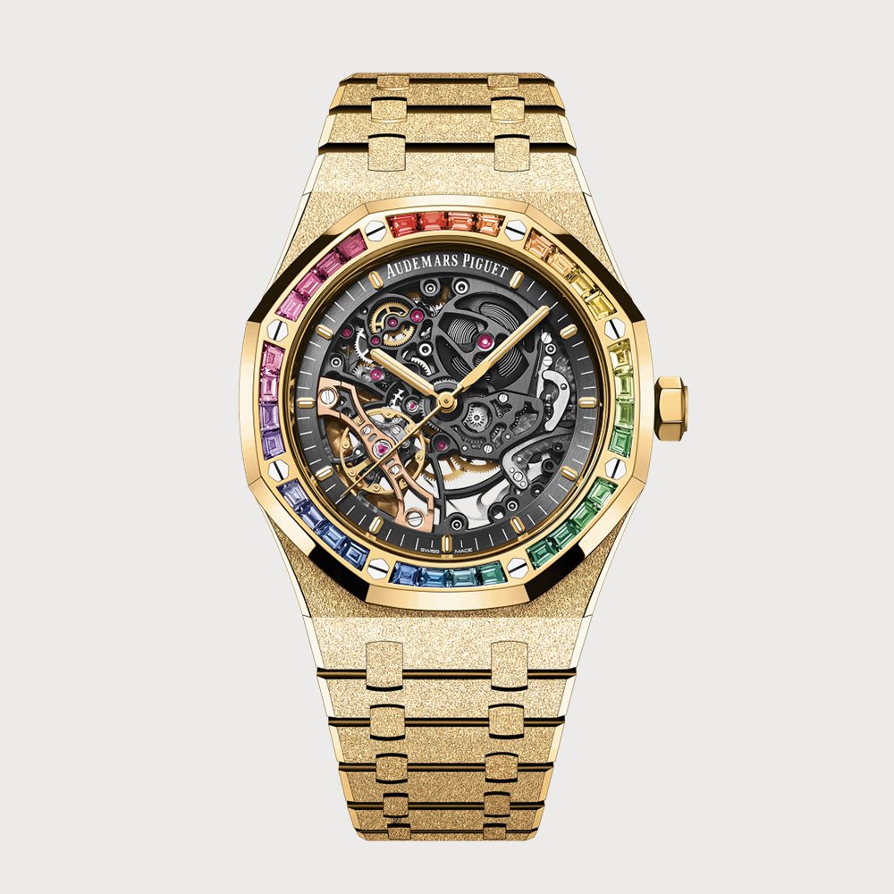 Audemars Piguet Royal Oak 41 Double Balance Wheel Openworked In Frosted Yellow Gold With Rainbow Sapphire Bezel