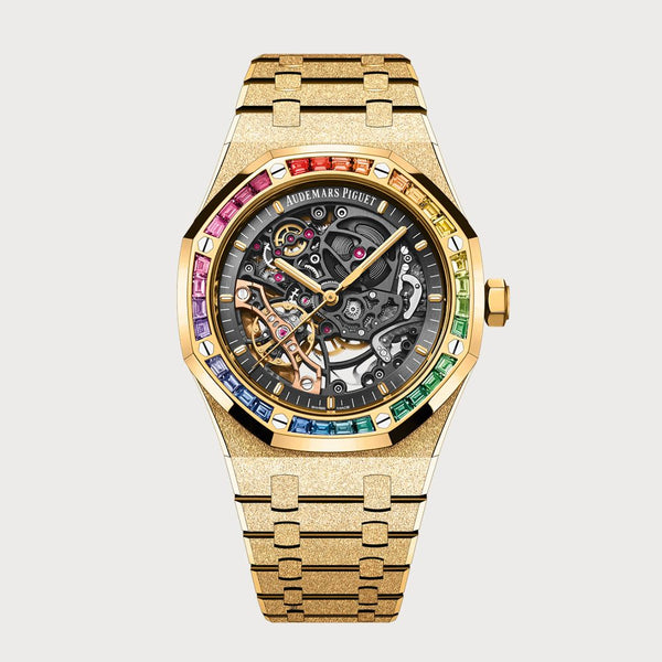 Audemars Piguet Royal Oak 41 Double Balance Wheel Openworked In Frosted Yellow Gold With Rainbow Sapphire Bezel