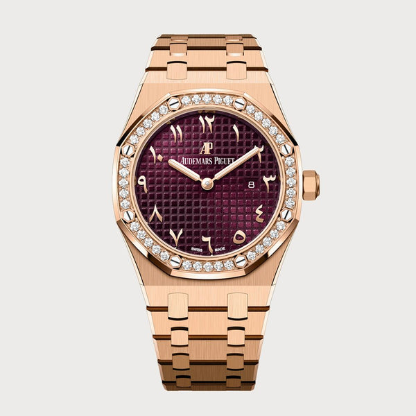 Audemars Piguet Royal Oak 33 Quartz In Rose Gold With Burgundy Red Arabic Dial & Diamond Set Bezel