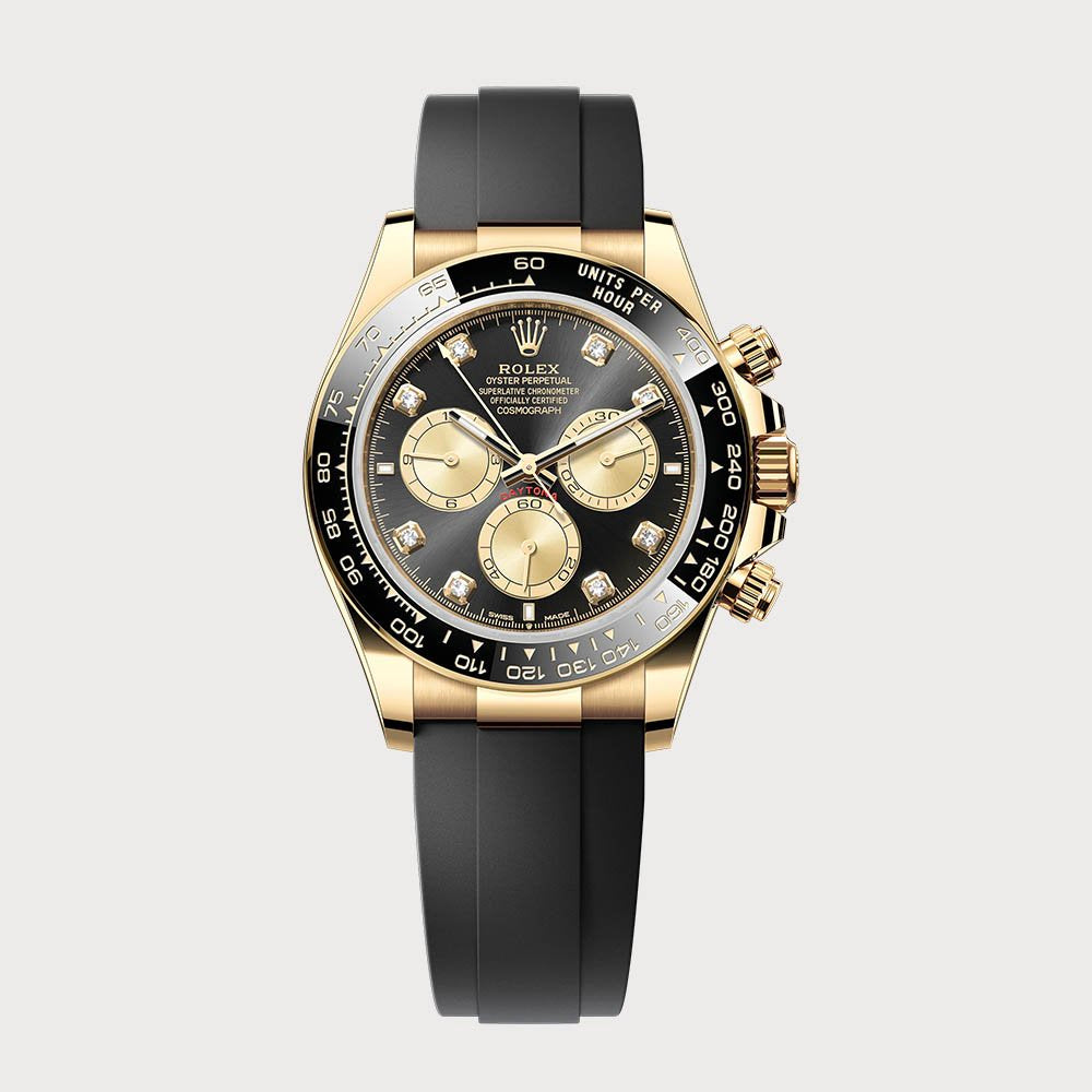 Rolex Daytona In Yellow Gold With Black-Sundust Diamond Dial On Oysterflex