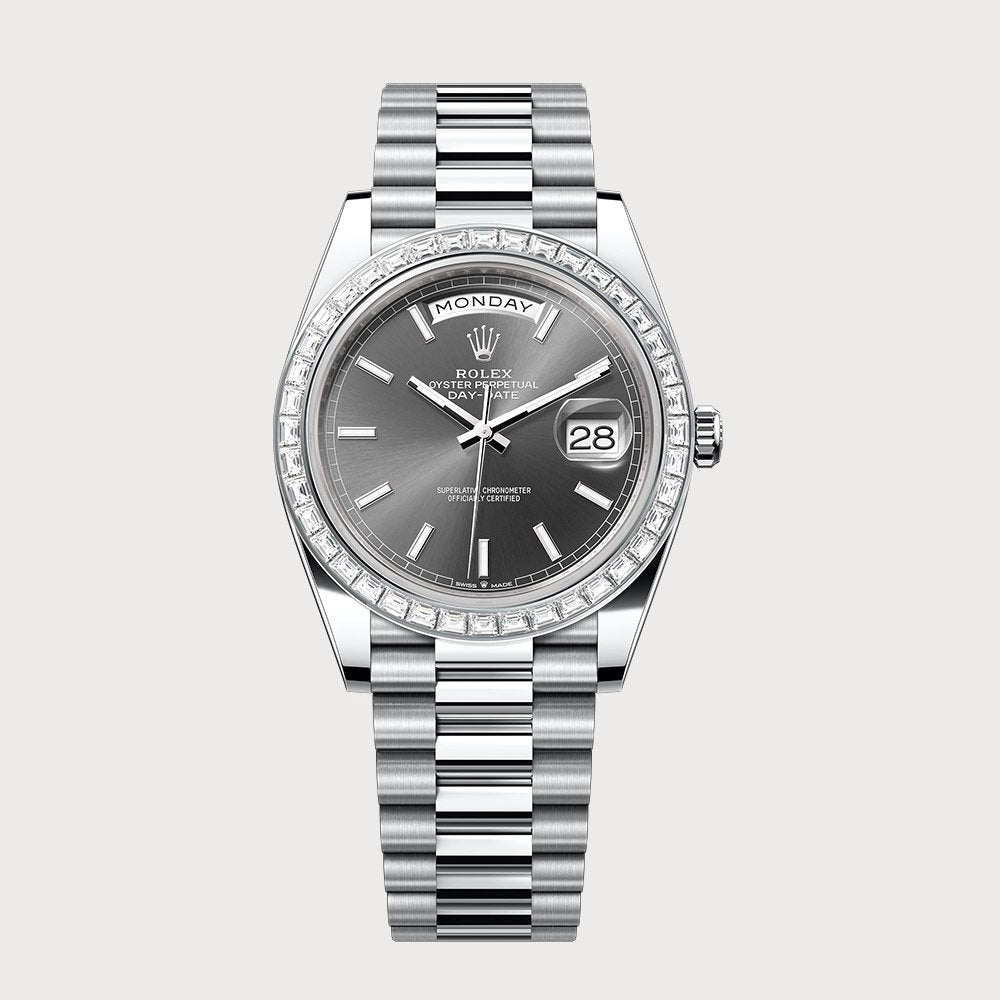 Rolex Day-Date 40 Rhodium Dial & Baguette Diamond Bezel In Platinum